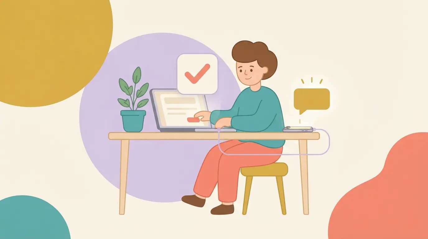 A person at a desk tests a web form on a laptop while a phone beside them receives the alert.