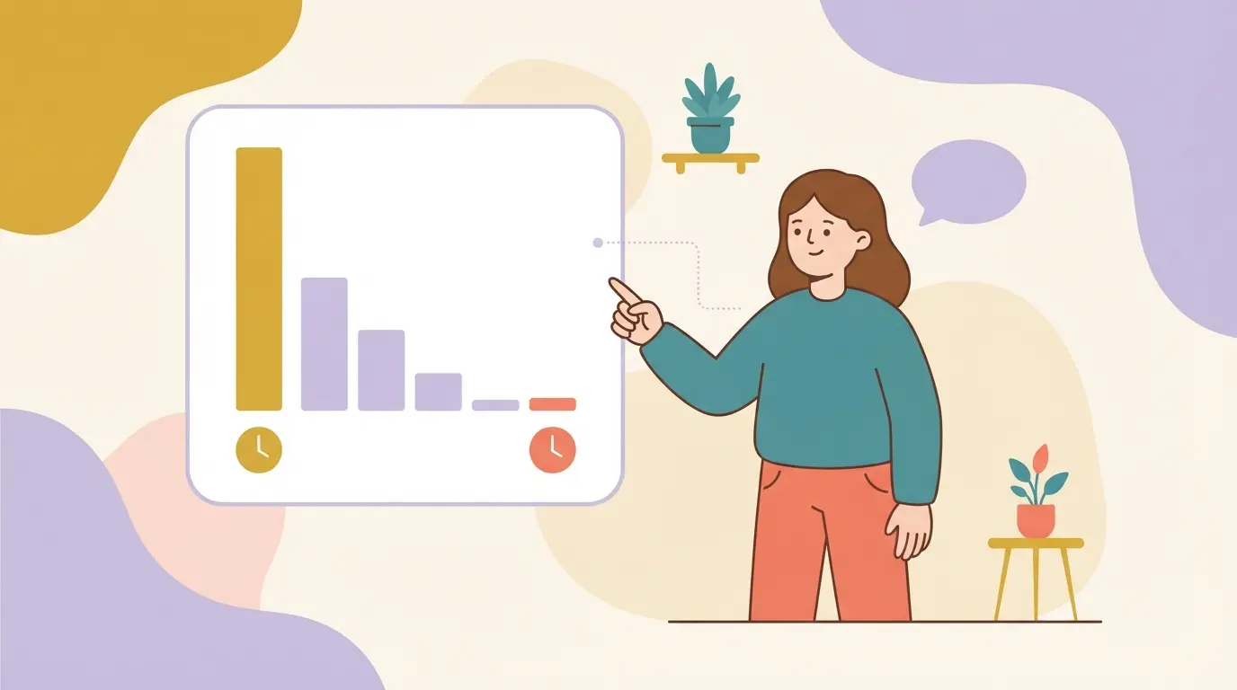 A person points at a floating bar chart where the bars drop sharply from left to right.